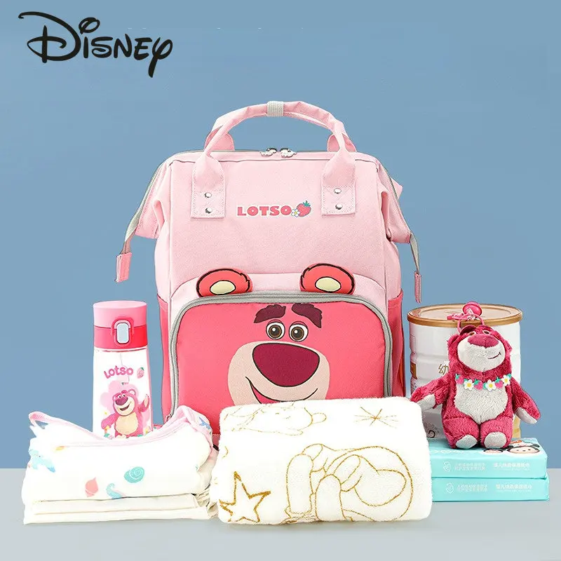 Disney Strawberry Bear 2023 Fashion Mommy Bag Cartoon Large Capacity Baby Item Storage Bag Lightweight Multifunctional Backpack