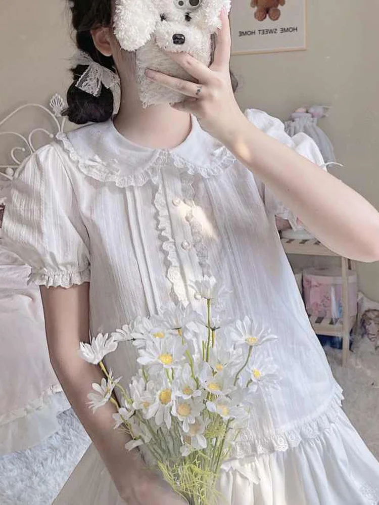 2024 Summer Jk Shirts Women Kawaii Peter Pan Collar Japanese Style Lolita White Lace Mesh Blouse Student Top Daily Sweet Fashion