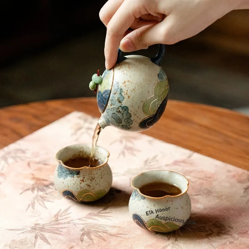 Gold Drawing Hand-painted Green Water And Mountains Tea Set Complete Set Antique Tea Ceremony Set Teapot And Tea Cup Teaset Cha