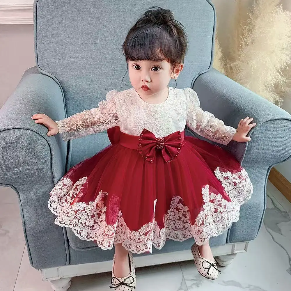 

2025 New Baby Girls Dress Newborn Girl Long Sleeve Lace Party Wedding Dresses With Big Bow Infant Girl Birthday Princess Dress