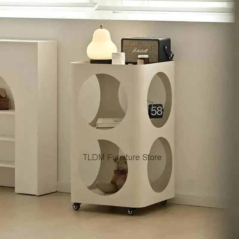 Circle with Modern Side Table Cream Open Style Shelves, Mobile Minimalist Rolling End Table for Living Room, and Small Spaces