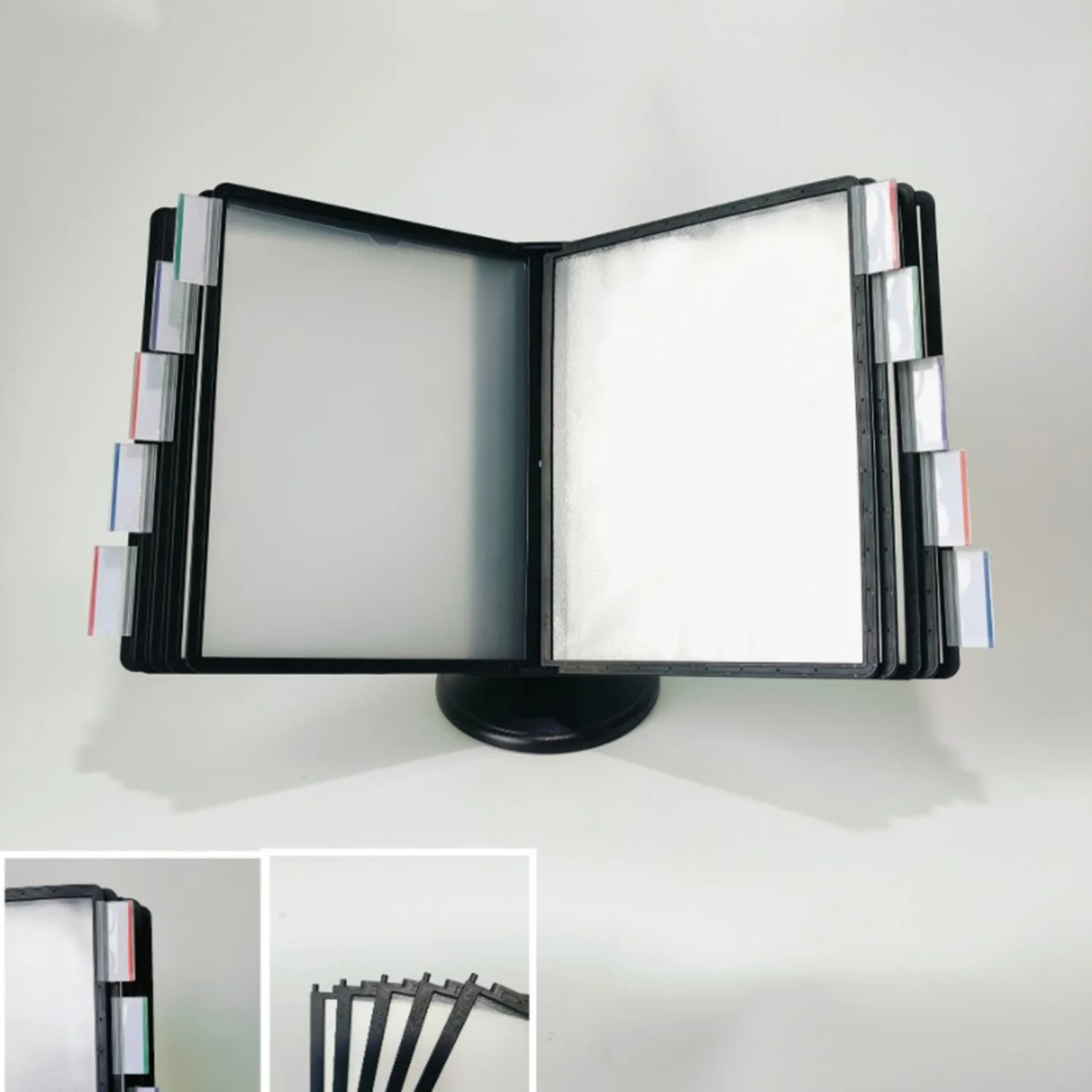 

Durable Desk Reference Organizer 10-Pocket Motion System Letter 8.5x11 Supplies Storage Base Load Fast Find Tabs Black Pockets