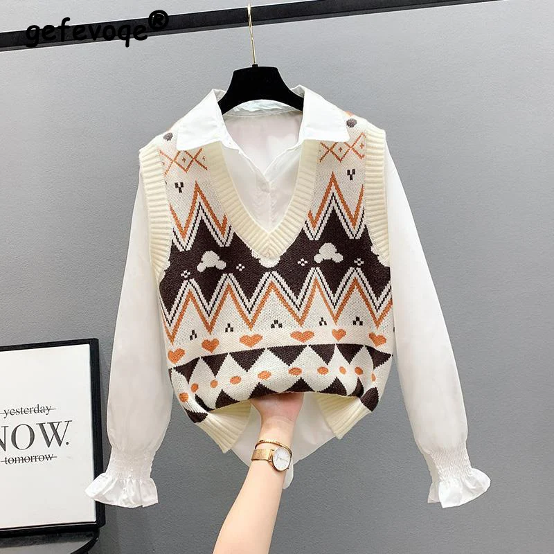 Autumn Winter Casual V Neck Pullover Top Female Women\'s Kawaii Y2K Vintage Argyle Sleeveless Outwear Knitted Sweater Vest Jumper