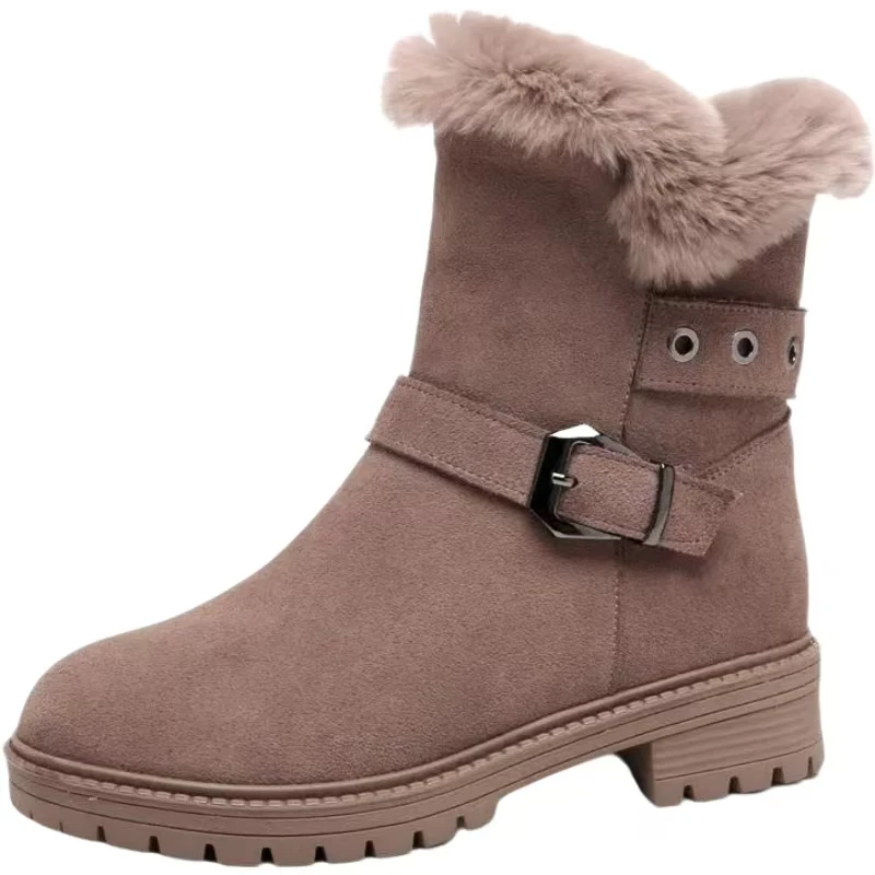 

Женские зимние новые зимние ботинки на блочном каблуке с высоким берцем, нескользящая кожаная плюшевая теплая обувь с круглым носком и молнией, уличные хлопковые ботинки