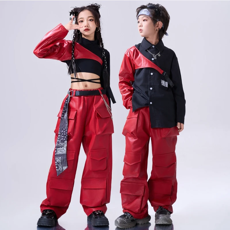 Jazz Dance Costume Children Street Dance Wear Girls Kpop Stage Outfit Red And Black Hip Hop Dance Suit Fashion Pants Tops 1322