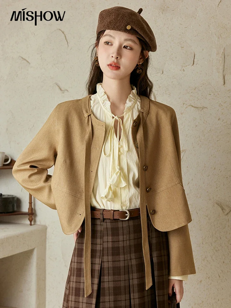 MISHOW Fragrant Short Jacket for Women 2024 Autumn Korean Chic Solid Single Breasted Top Round Neck Bow Lace-up Coats MPD42W0420