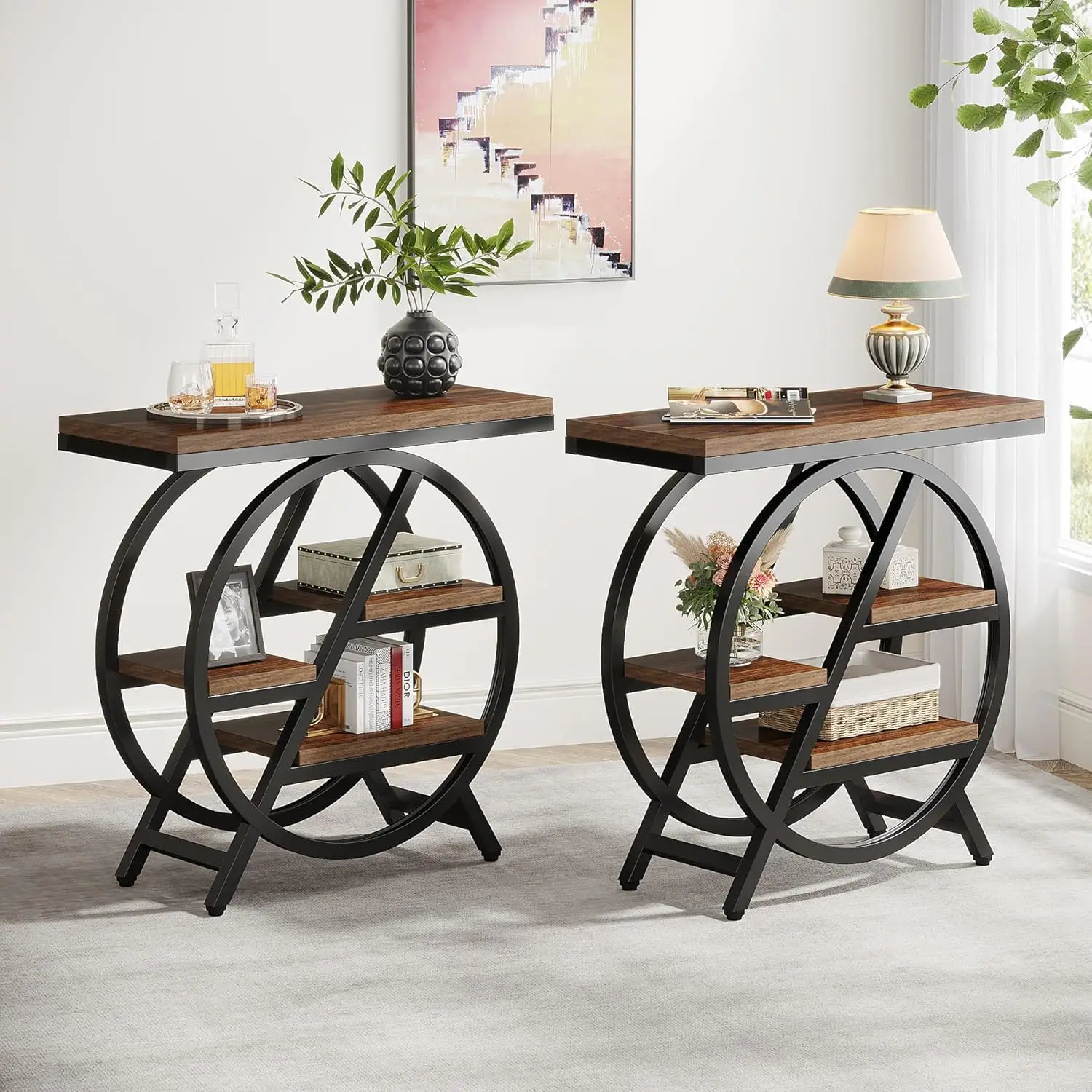 Tribesigns End Table Set Of 2, 3-Tier Narrow Sofa Side Table With Storage For Living Room, Wood End Table With Geometric Metal