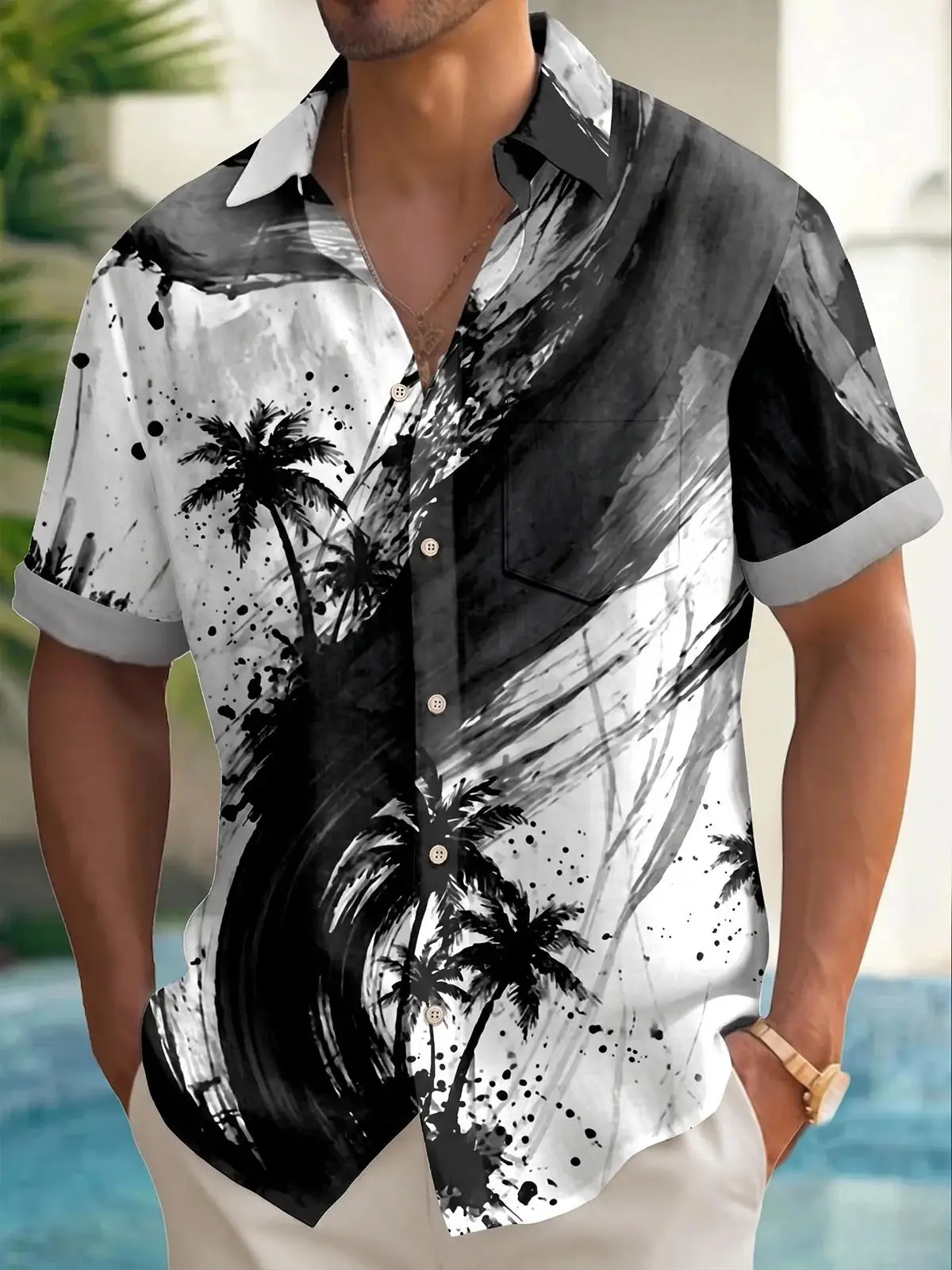 New Retro Tropical Men's Shirt Maple Leaf Stripe Print Lapel Short Sleeve Satin Fabric Seaside Leisure Male Garments