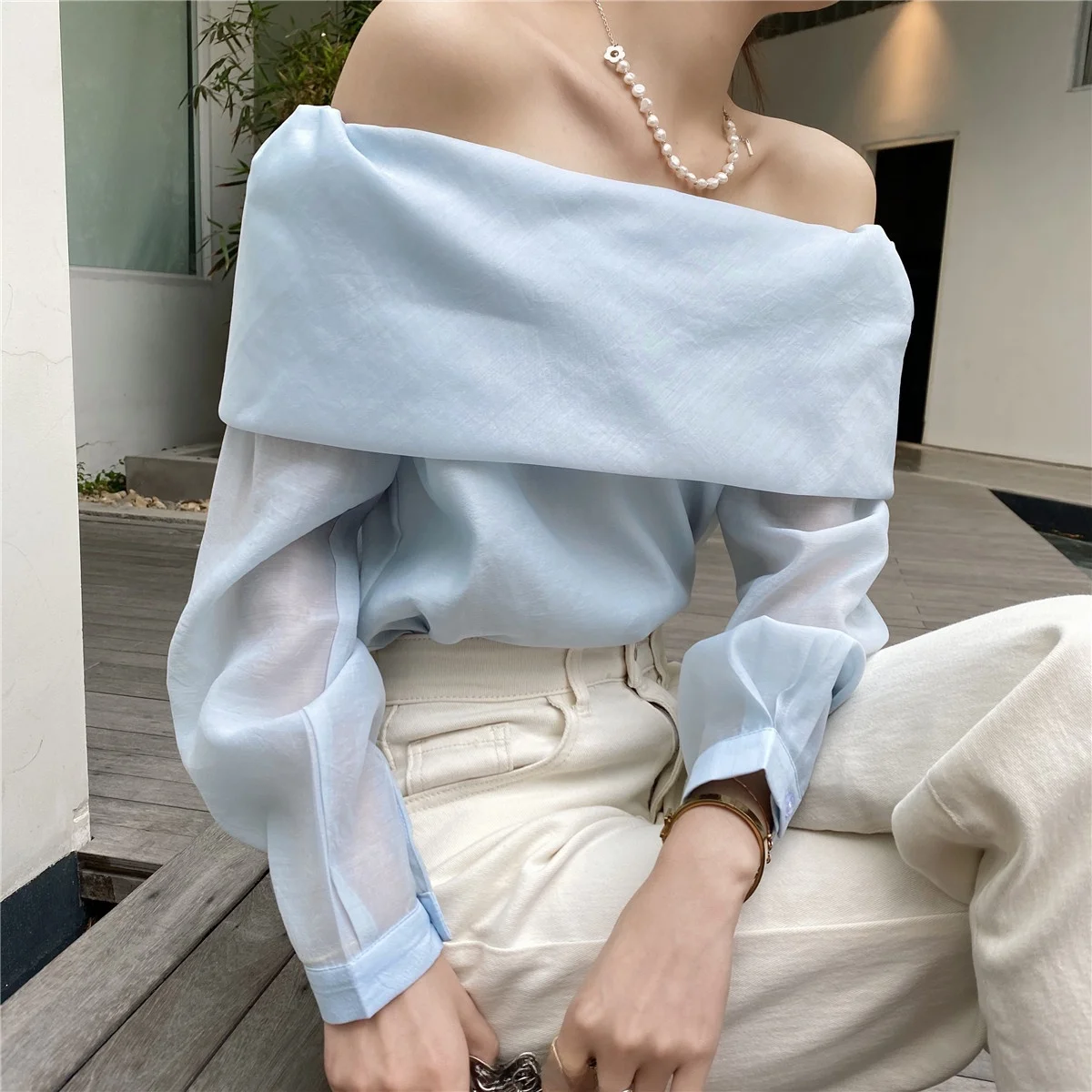 

Ele Korean Sle Long Sve One oulder ang Women's Faion Polyester Fiber Casual Office Wear Pure Color Top