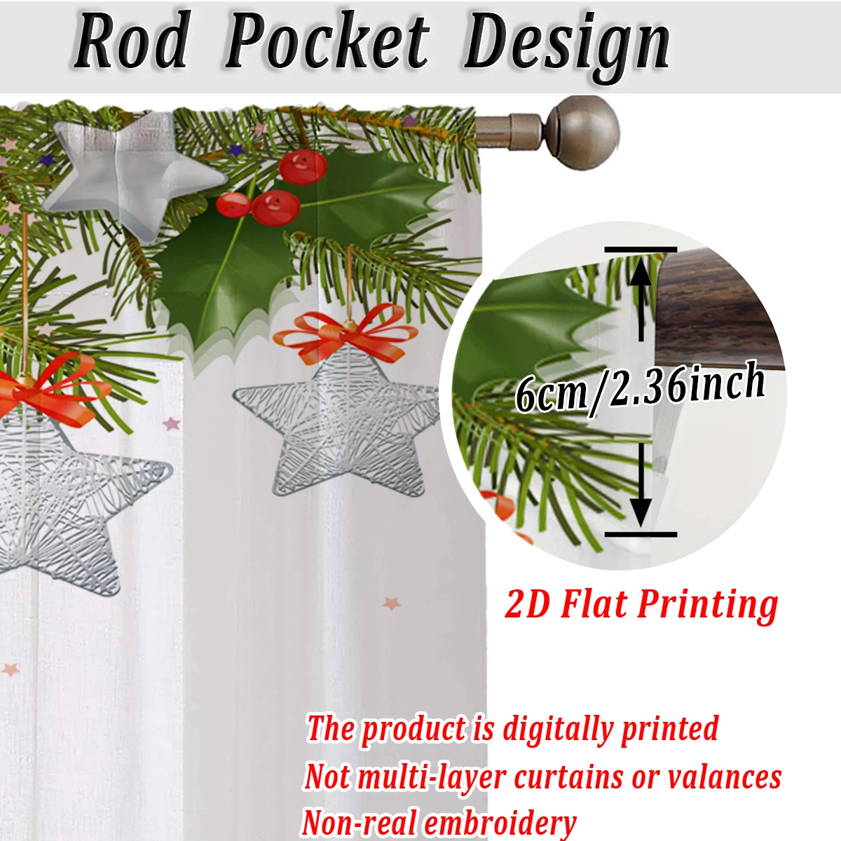 Christmas Flat Printing Kitchen Sheer Curtain with Christmas  Star Ornament Pinecone Pine Branch For Christmas Home Decor  Party