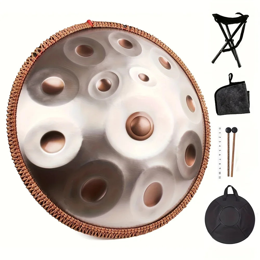 

22-inch D minor handpan - 12 notes, stainless steel tongue drum, comes with drumsticks, carry bag, and artificial leather case.