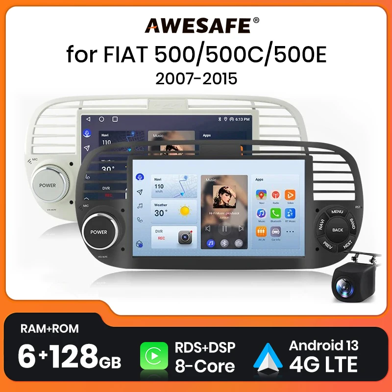 AWESAFE Wireless CarPlay for Apple Android 13 Auto Radio for FIAT 500 Abarth 2007 2008 2009-2015 Multimedia Screen Stereo GPS