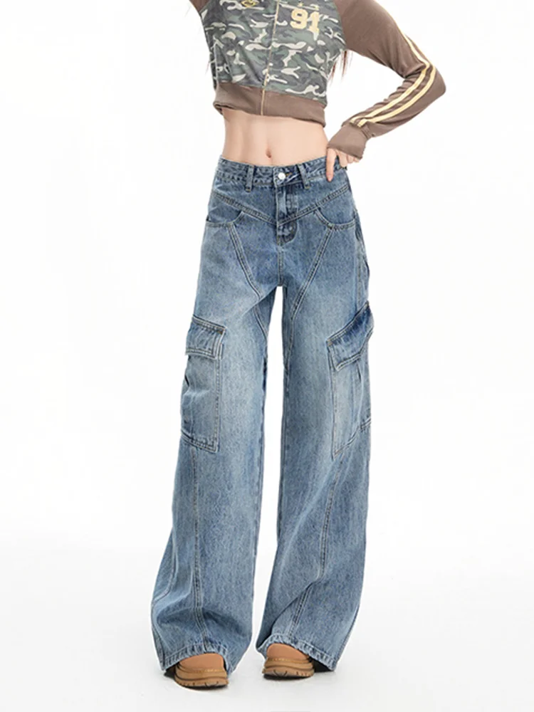 

Women's Blue Casual Jeans Cargo Baggy Washed Y2K Japanese Harajuku High Street 90s Aesthetic Vintage Casual Pants Jeans Clothing
