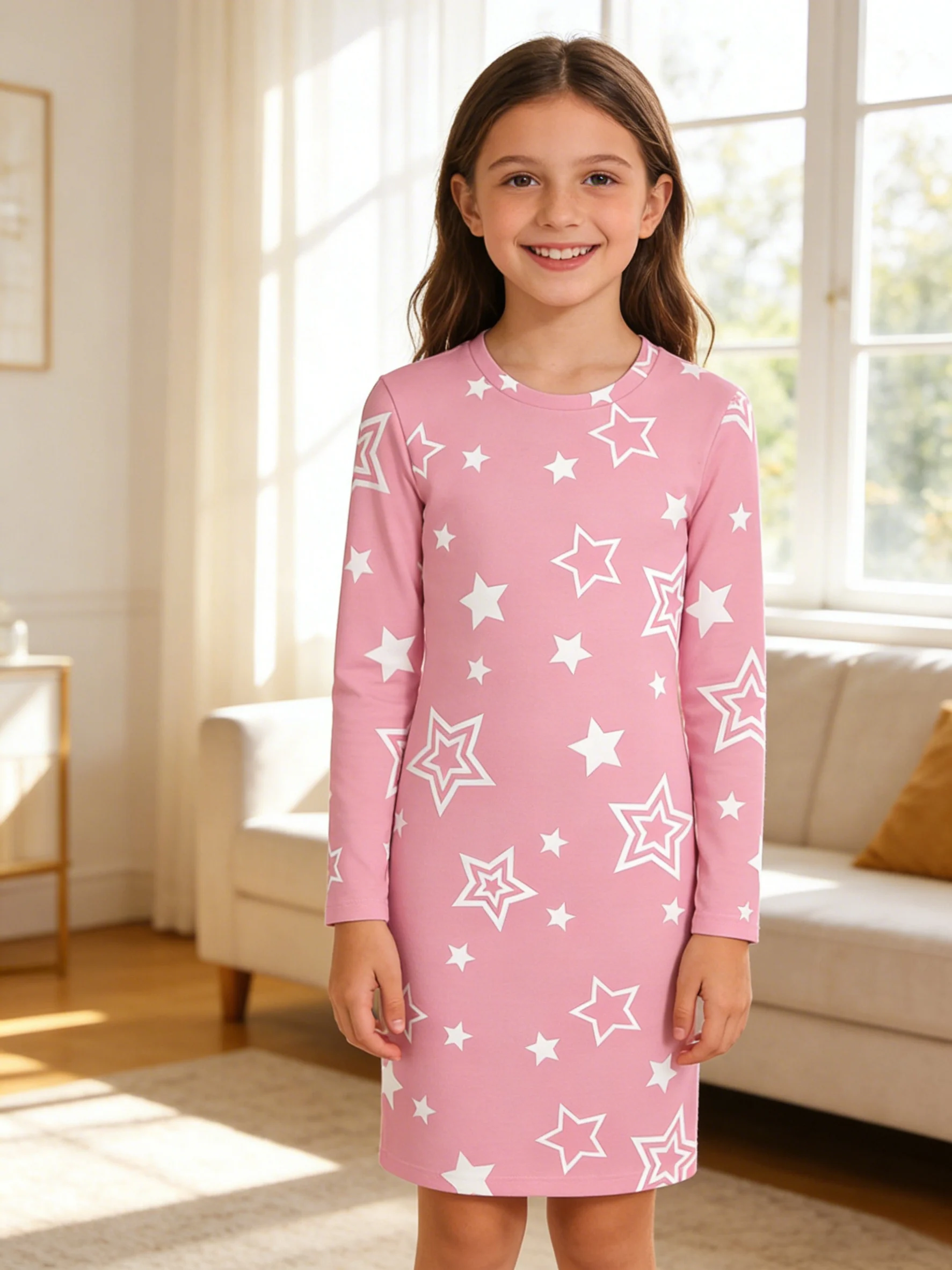 

2026 Girls Light Pink White Star Full Print Long Sleeve Slim Fit Dress