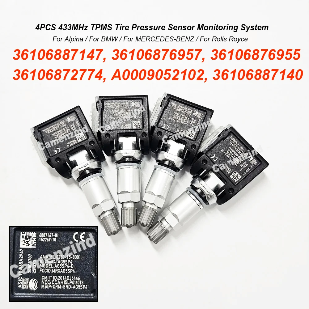 4PCS TPMS Sensor 36106887147 A0009052102 6887147-01 6887140-01 0009052102 433MHz For Mercedes-Benz A B G CLA GLB GLE GLS Class