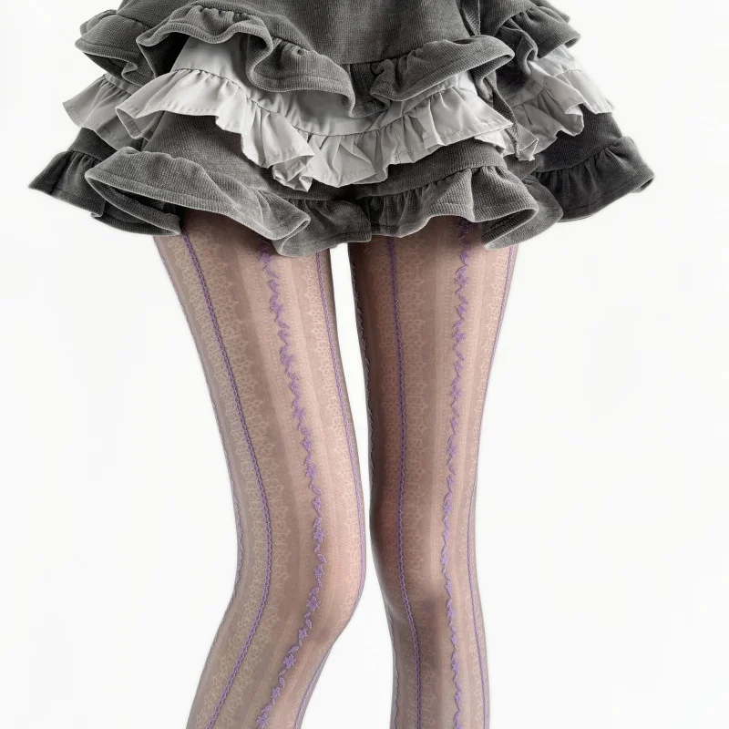 Women Retro Vertical Stripe Chain Jacquard Purple Tights Summer Daily Hosiery Delicate Small Lace Floral Pattern Pantyhose