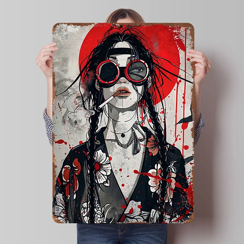 Smoking Girl With Braids and Goggles Metal Poster Customized Wall Art Retro Vintage Tinplate Signs for Man Cave Custom Plate