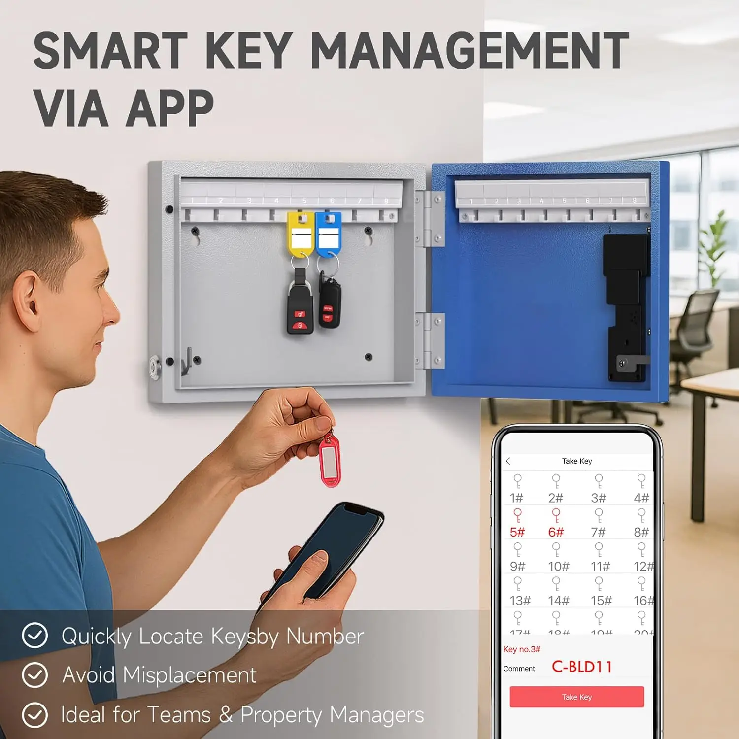 Smart Key Safe Box(16 Keys), Smart Wall Mount Key Cabinet with Key Tags, OTP/APP/Fixed Code Unlock, Security Storage Key Holder