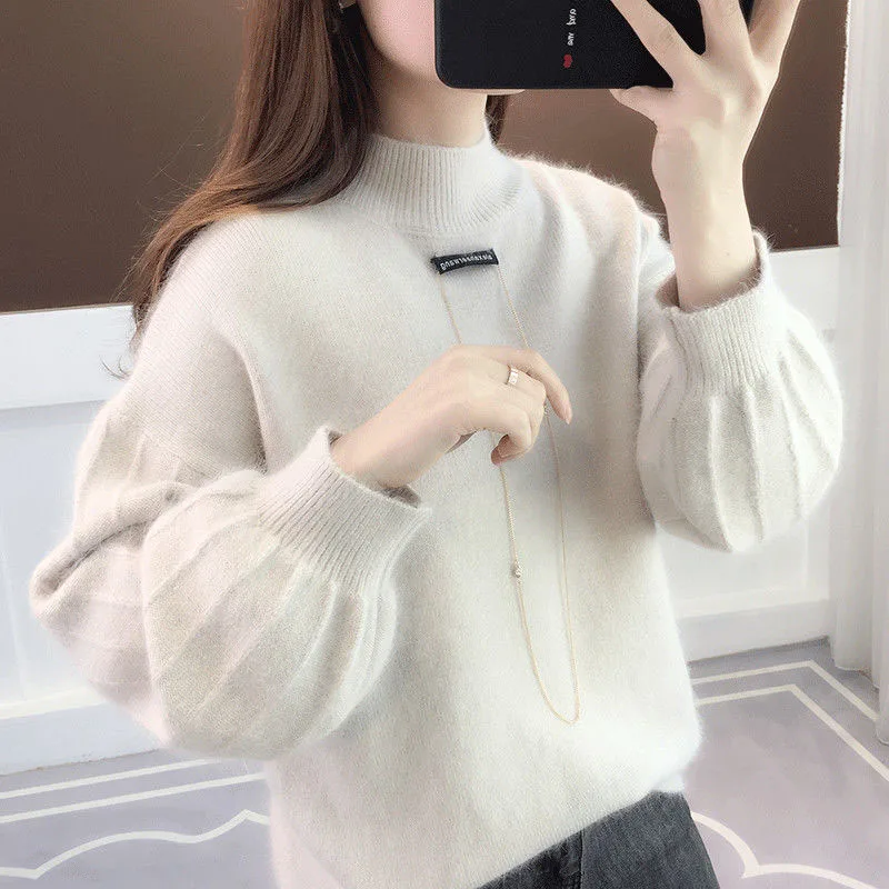 New Autumn/Winter Fashion Korean Edition Half High Neck Lantern Sleeves Large Loose Versatile Slim Women\'s Knitted Sweater