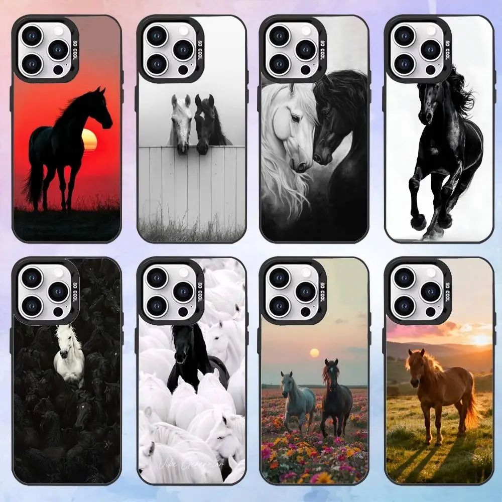 

Black White Horses Phone Case For iPhone 16,15,14,13,12,11,Pro,Max,Candy Matte Shockproof Cover4G