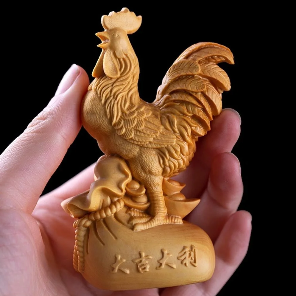 Wooden Golden Rooster Carving – Dawn Announcement Figurine – Lucky Chinese Zodiac Decor – Solid Wood Home Ornament