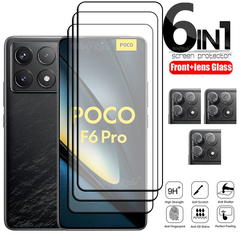 6-em-1 para poco f6 pro vidro poco f6 pro vidro temperado cobertura completa cola 9h capa protetor de tela xiaomi poco f6 pro lente vidro