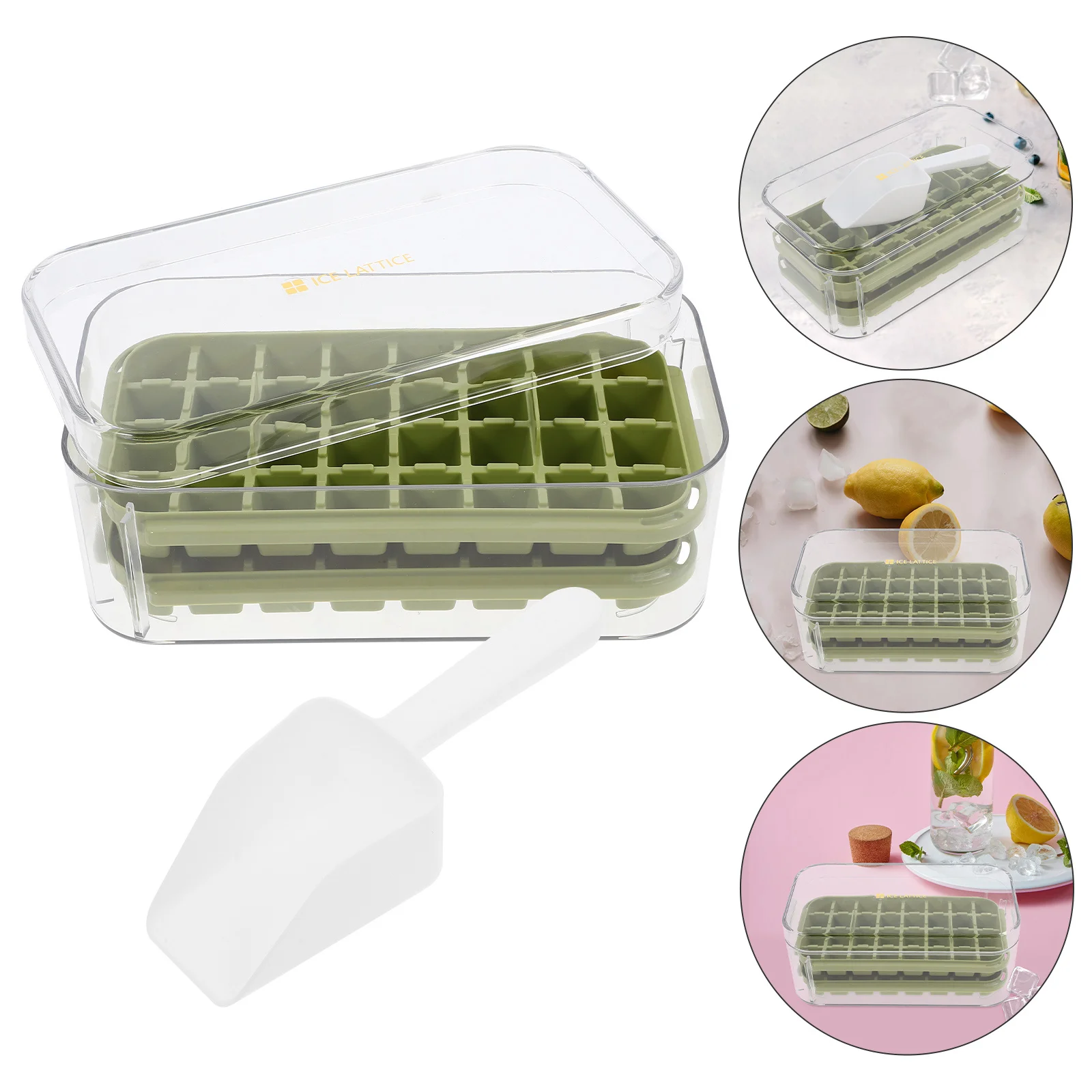 

1Set Ice Cube Tray Reusable Silicone Mold with Lid Bin Practical Easy Release Stackable Freezer Ice Trays for Beverages