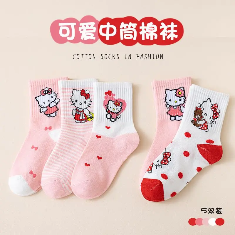 Meias de anime respirável suave para crianças, Hellokitty, Sanrio, Cinnamoroll, melodia, Kuromi, Girl Gift, primavera, outono, inverno, 5pcs