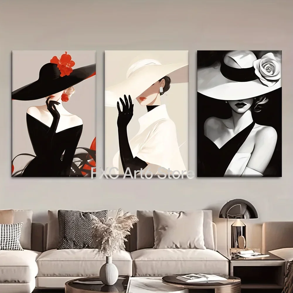 3pcs frameless - Hand-Painted Elegant Woman Canvas Paintings - Hand-Painted Abstract Female Portraits, Vertical Posters S