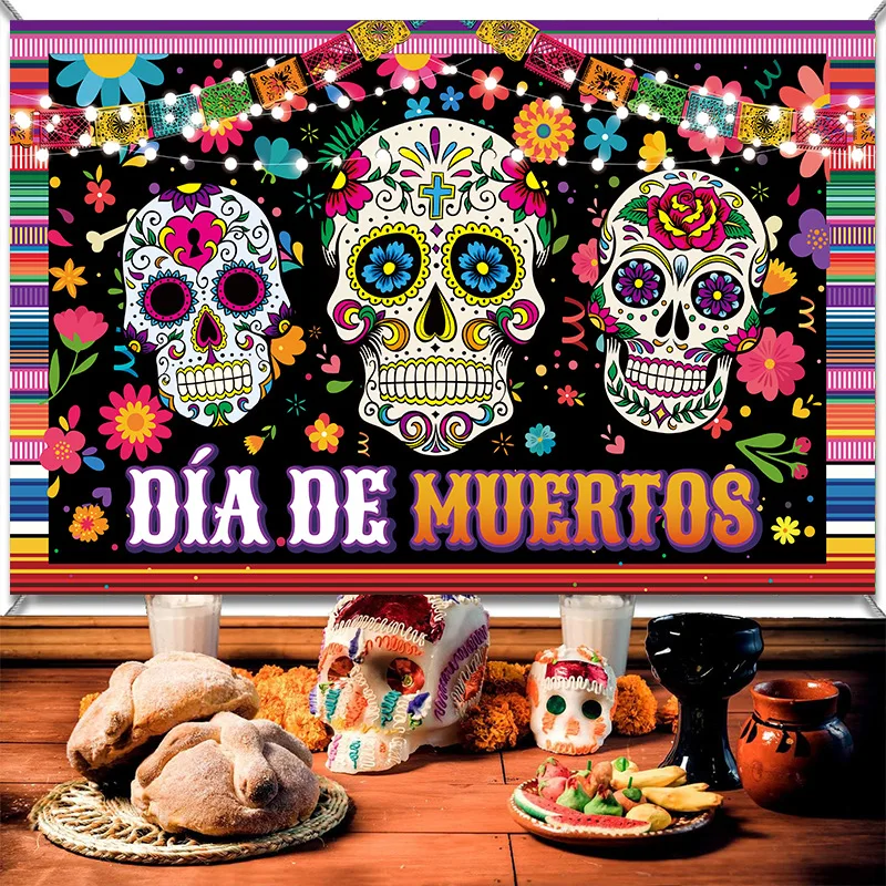 Mexico Day of Dead Background Skull Candle Dancer Dia De Los Muertos Dress-up Party Vinyl Photography Decoration Supplies Banner