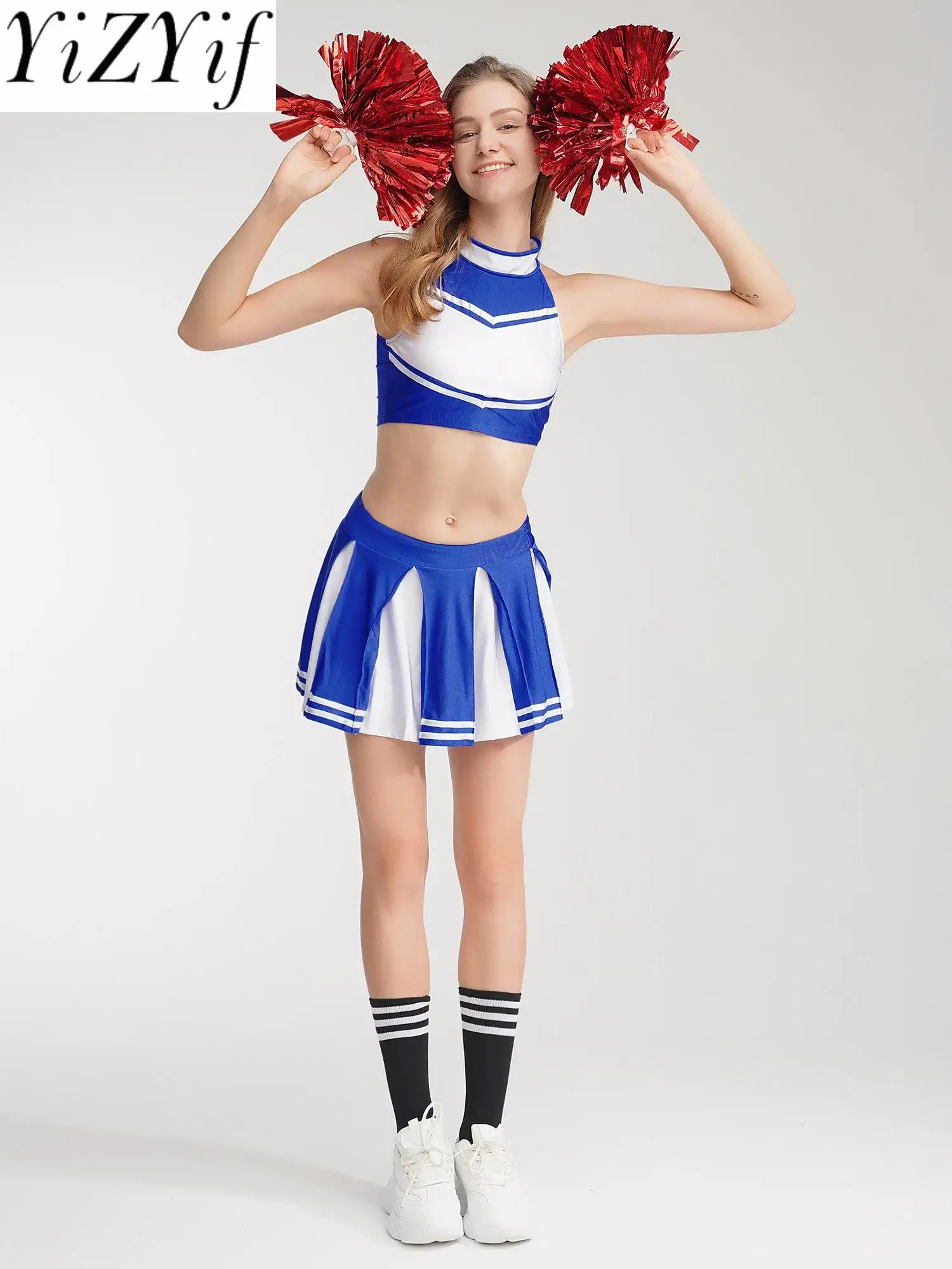 Sexy School Girl Cheerleader Costume Women Adult Cheerleading Uniform Dancing Outfit 4Pcs Dance Uniform Carnival Cosplay Outfit