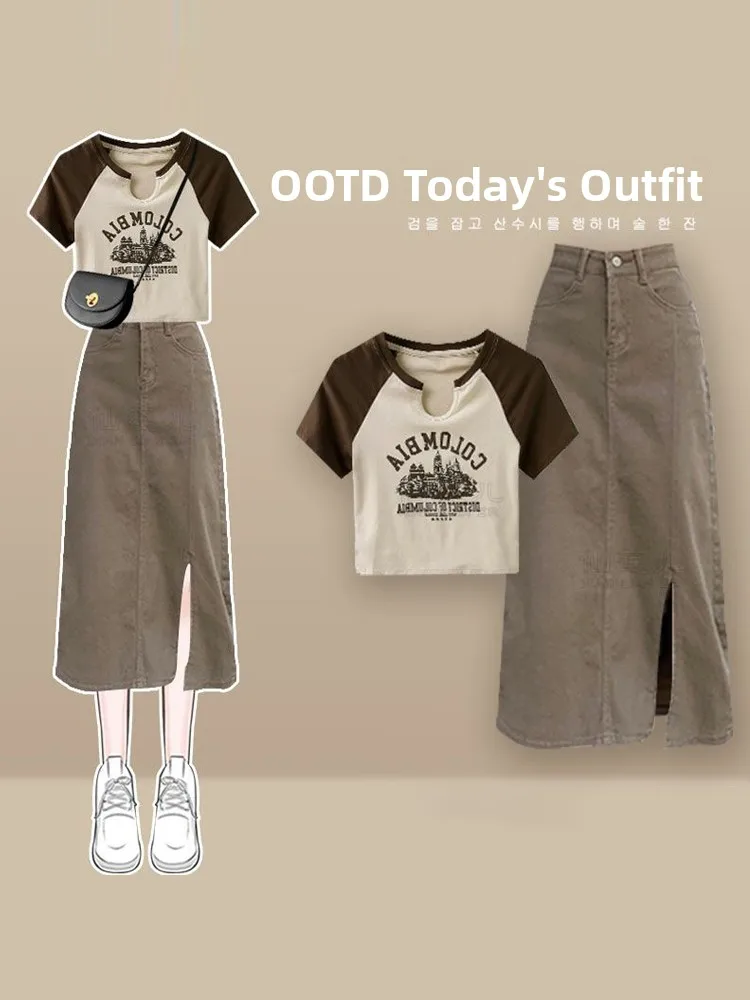 

Летняя футболка Faion в стиле ретро и джинсовая юбка, комплект из двух предметов, женский комплект для похудения, классический ансамбль Sle