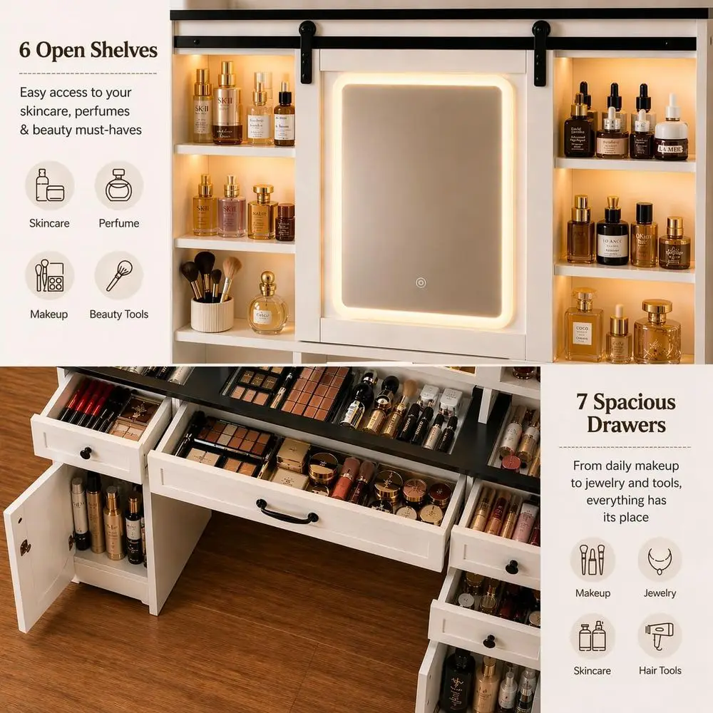 Adjustable Storage Makeup Desk with Sliding Mirror, Glass Top, Lighting, Outlet & Charging Station, 7 Drawers & Shelves image 3
