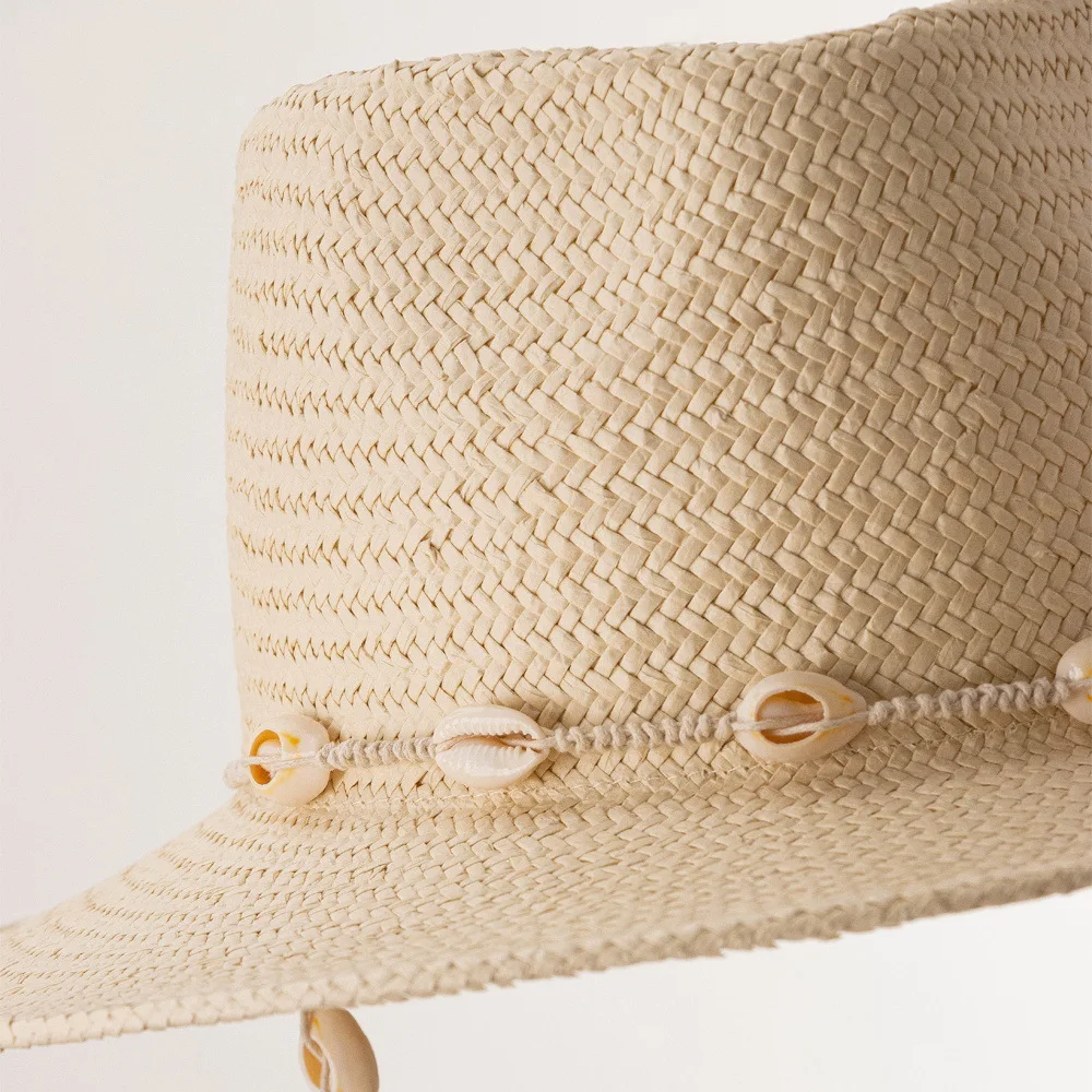 Summer Panama Hats for women Sun Hat with Long Shell conch Chain Straw Hats Vintage Style Fedora Female Outdoor Travel Beach Hat