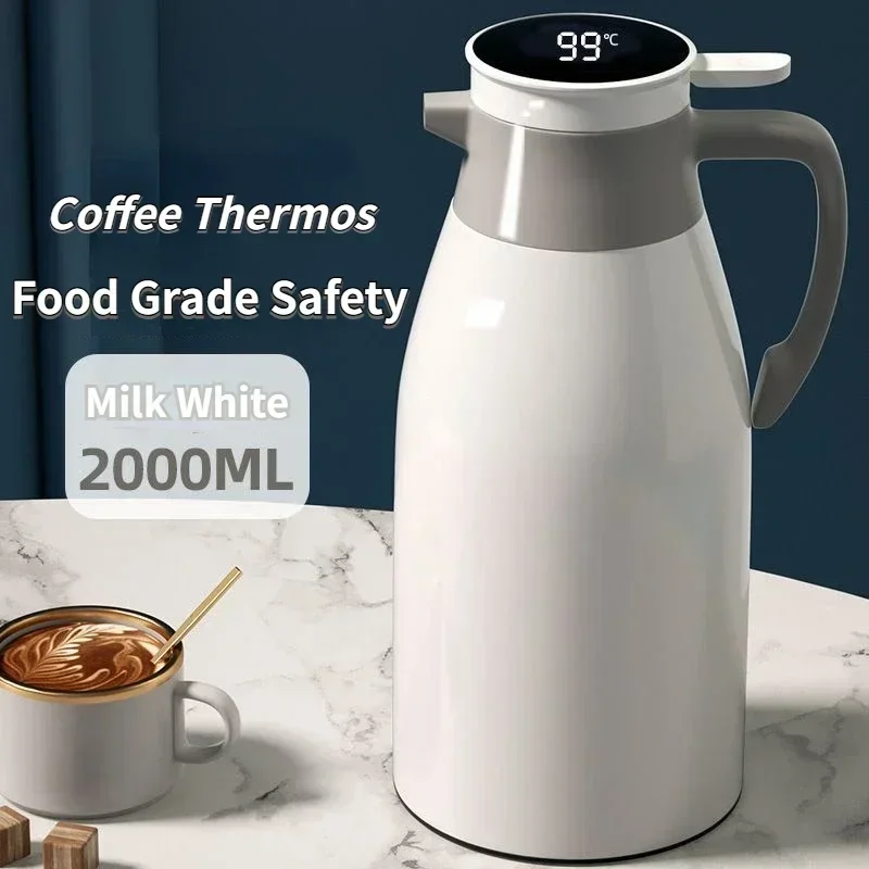 Coffee Thermos with Digital Display, Glass Liner, Vacuum Flasks, Large Capacity Water Bottle, Kitchen Thermal Kettle, 2L