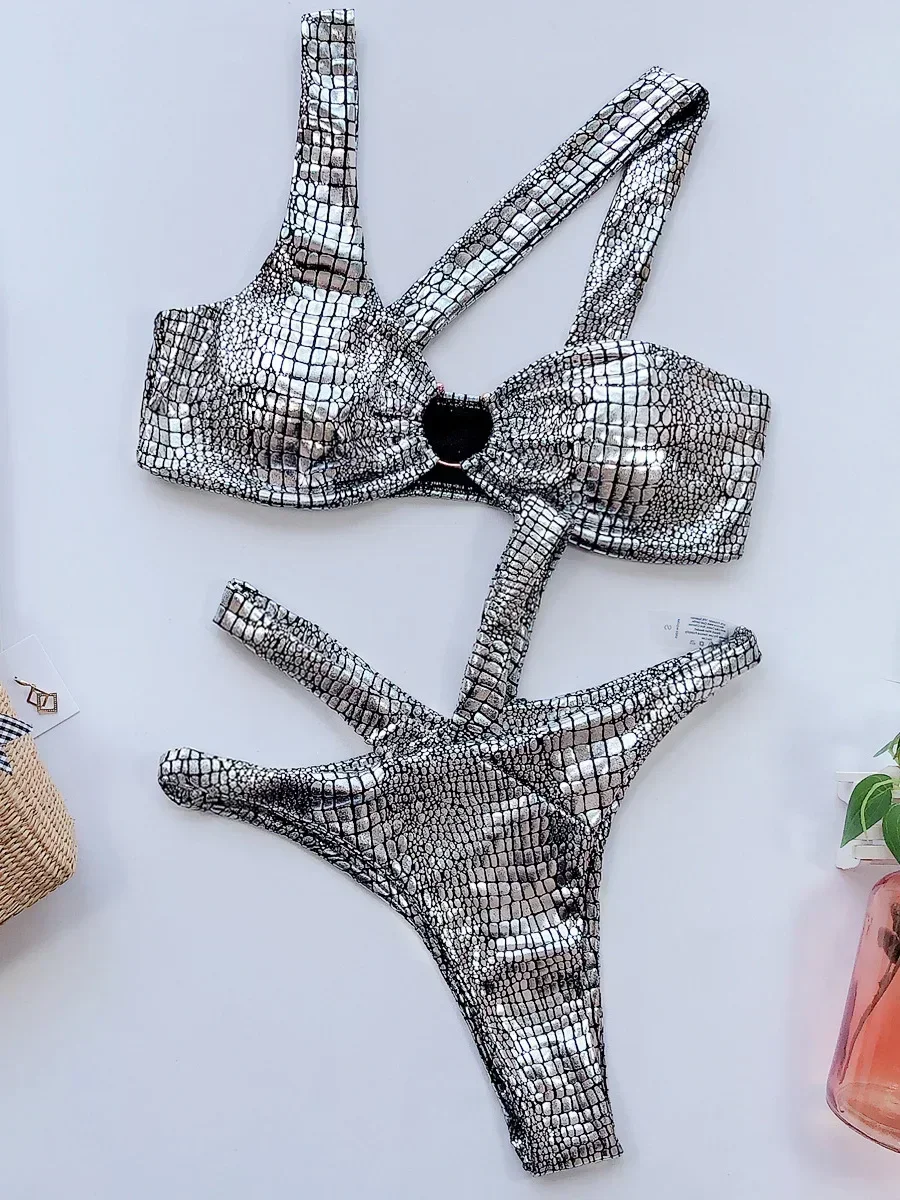 

Asymmetric Shiny Snake Skin Thong Bikini Female Swimsuit Women Swimwear Two Pieces Bikini set High Cut Bather Bathing Suit Swim