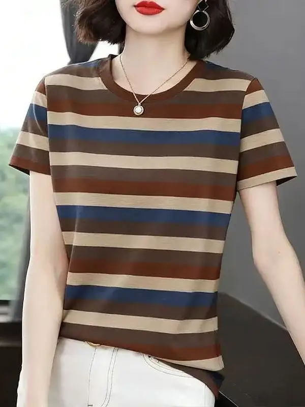 

Women's Short Sleeve round Neck Striped T-Shirt Breathable Standard Fit Polyester Fiber Retro Print Fashionable Versatile Design