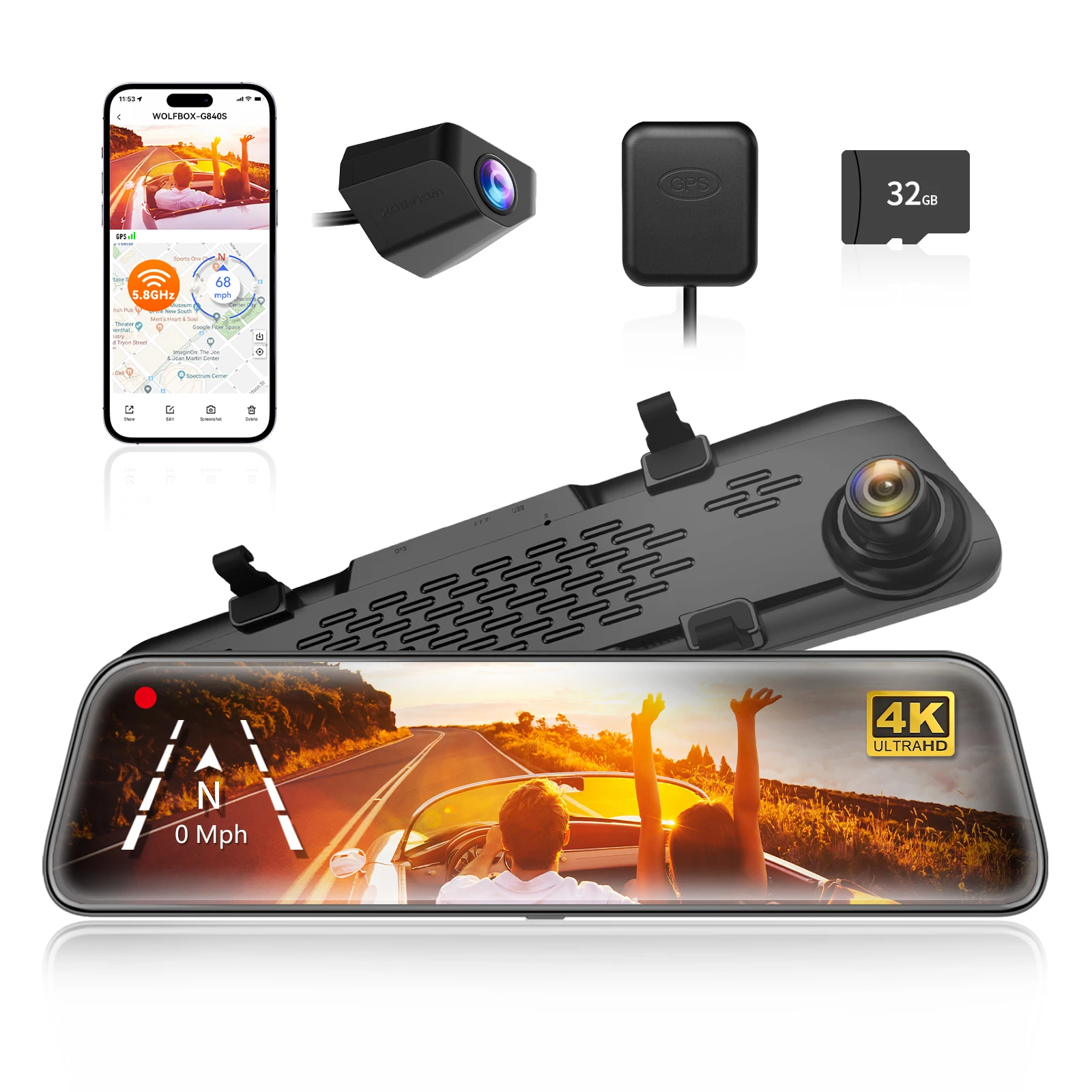 WOLFBOX G840S 12" IPS Dashcam 4K Achteruitrijcamera GPS Video Recorder Nachtzicht HD Dubbele Camera's Auto DVR Parkeermonitor