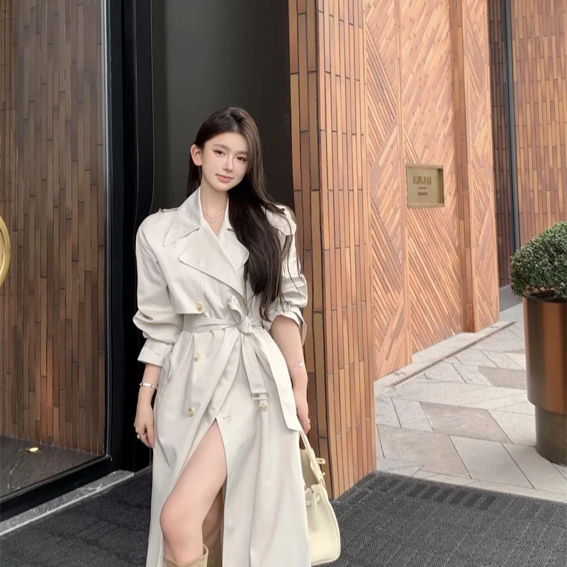 Autumn Winter Long Classic Outerwear Women's Faion Loose Briti Sle Coat  Knot Korean Version Polyester Fabric