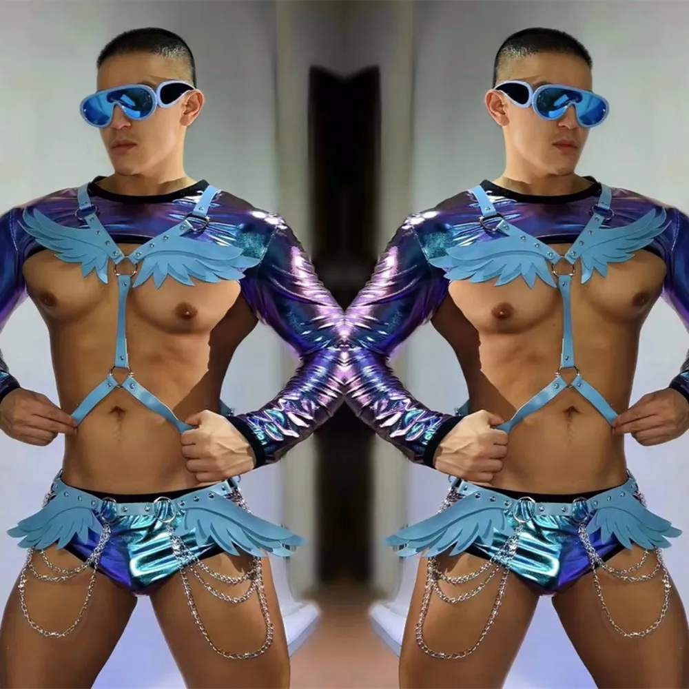 

Сексуальный костюм для вечеринки в ночном клубе, мужской костюм для танцев на пилоне Gogo DJ, синие топы, шорты, груди, наряд для рейва, карнавальная одежда для выступлений