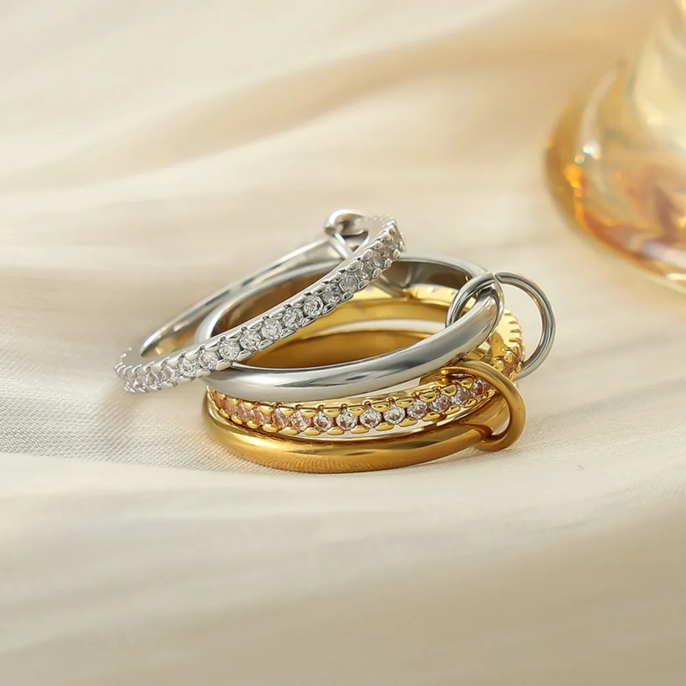 Ingemark Unique 18K Gold Plated Stainless Steel Ring for Women Luxury Inlaid Cubic Zirconia Multilayer Stacked Ring Lady Gift