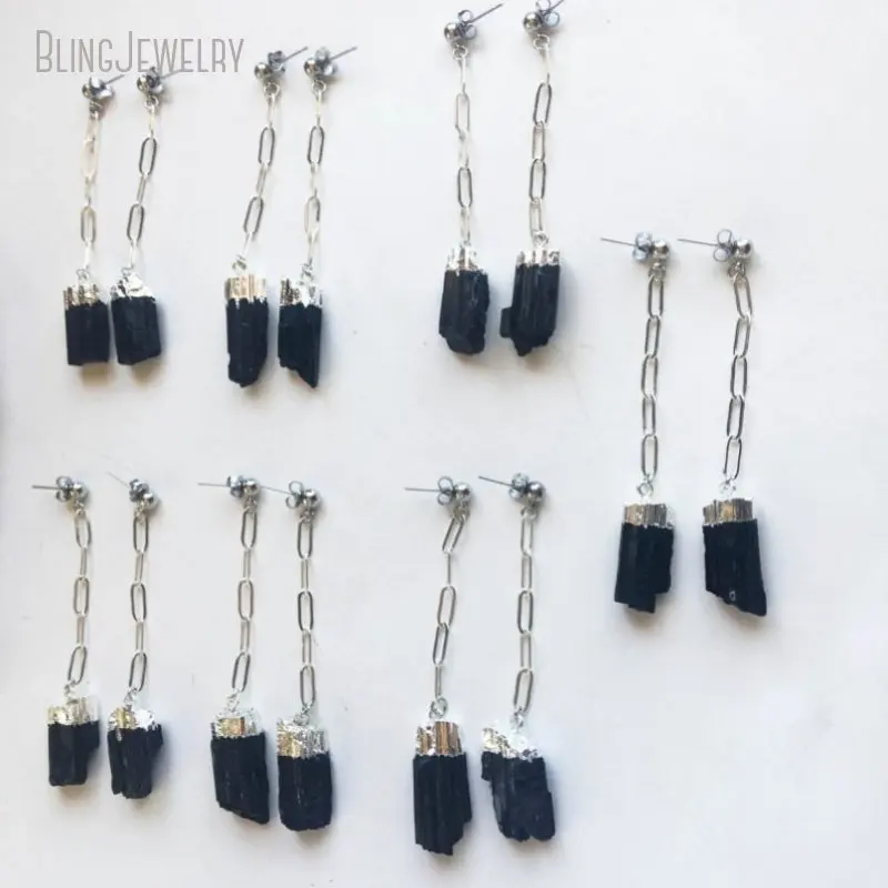 Halloween Gift Black Tourmaline Crystal Link Drop Earrings Schorl Raw Gemstone Witchcraft Boho Wiccan Gothic Goth Women Jewels