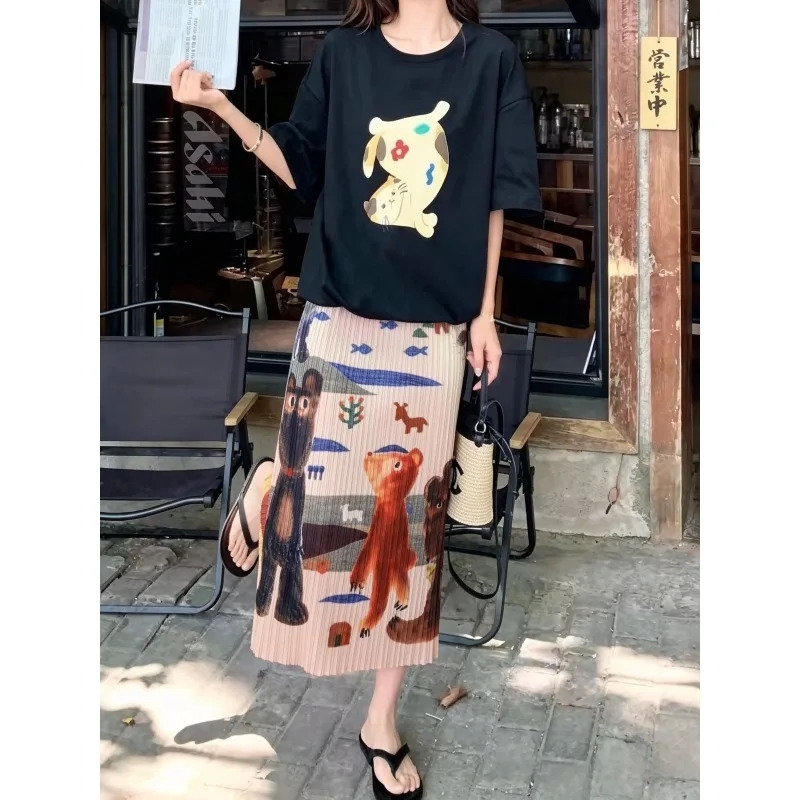 Miyake Pleated 2026 New Original Summer Printed Skirt for Women Versatile Elastic Waist Mid-Length Hong Kong Style Skirt Pleat