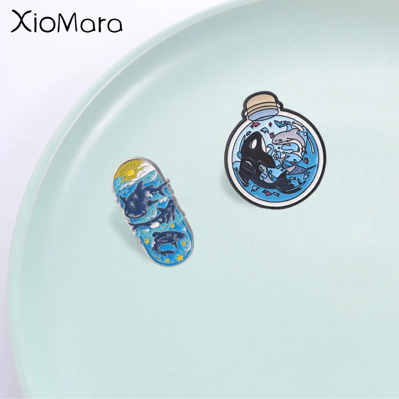 Fantasy Ocean Shark Orca Enamel Pin, Skateboard and Bottle Sea Creature Badge, Fashion Accessory, Gift for Ocean Lovers