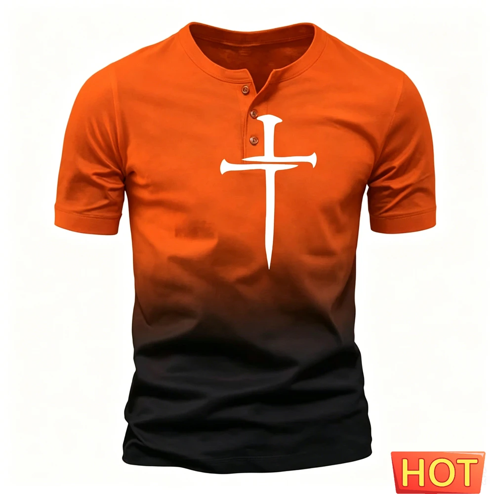 Summer Men's Henley Shirt Funny 3D Cross Gradient Print Tops Fashion Henry Collar Short Sleeve Tee Casual Loose T-shirt Clothing view 4