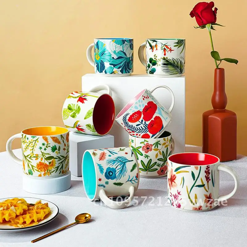 High Color Value Flower Color Glaze Ceramic Mug Mug Household Large Capacity Breakfast Cup