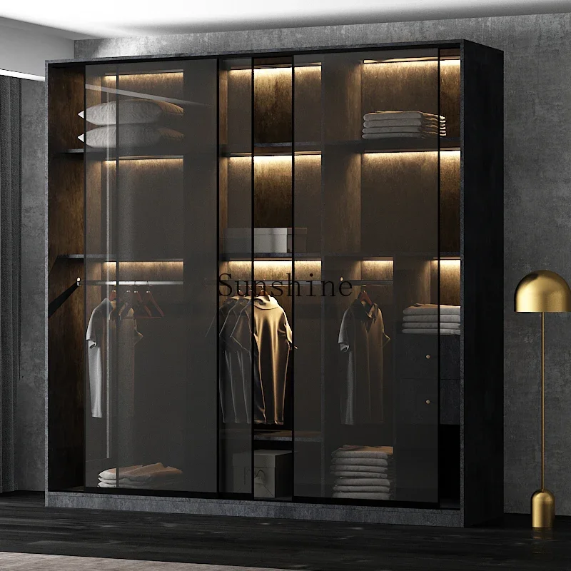 Light luxury display glass door wardrobe bedroom home cloakroom solid wood sliding door sliding  FT