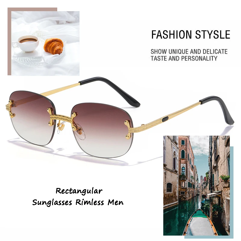 CATERSIDE Rectangular Sunglasses Rimless Men 2022 Fashion Square Mirror Sun Glasses Women Coffee Gradient Lens Frameless UV400