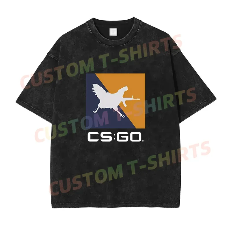 2024 Summer Vintage Cotton Washed Global Offensive CS GO Chicken T-Shirt Black By Counter Strike Loose T Shirts Men Top Tee