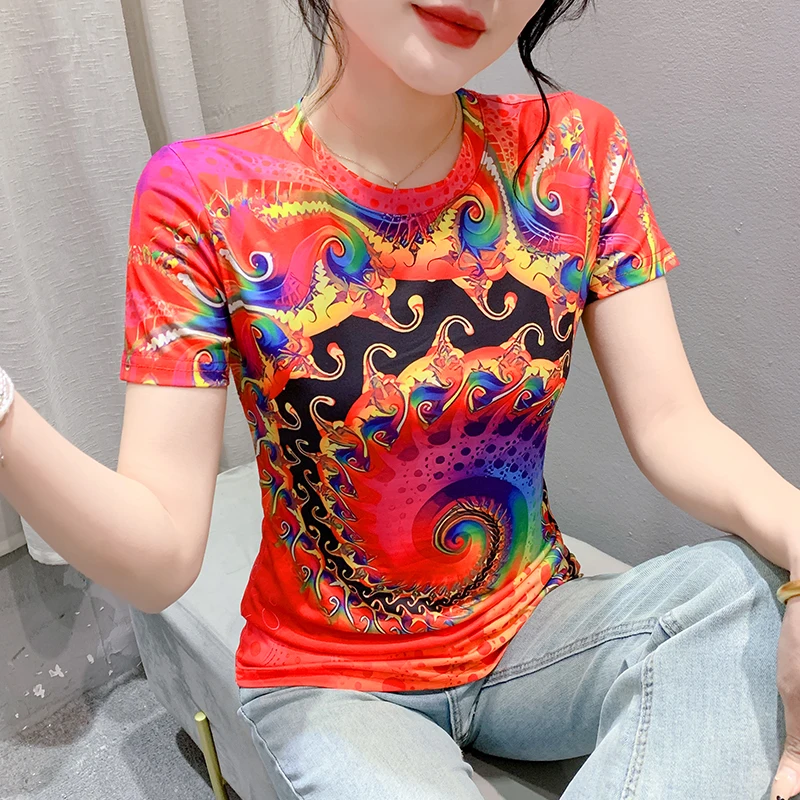 

Slim Fit ort Sve round Ne T-irt Women's Summer Faion Print Personali European Sle f Sve Top Trendy Stree...